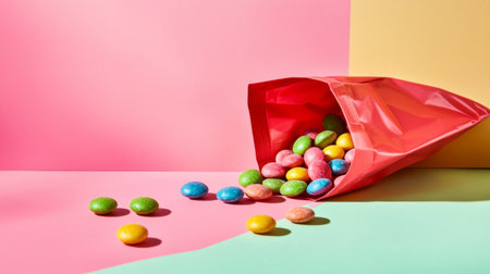 A dynamic image of a handful of assorted candies spilling from a colorful bag onto a bright surface, capturing the excitement and abundance of sweet treats.の素材