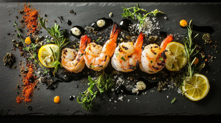 A grilled shrimp dish presented on a slate plate, surrounded by fresh herbs, lemon slices, and spices, highlighting the culinary art of seafood preparation.の素材