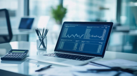 A modern workspace featuring a laptop with stock market graphs on the screen, alongside financial reports and a calculator, highlighting trading activities.の素材