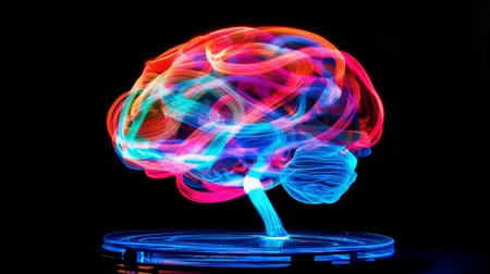 A captivating image of a brain illuminated by colorful lights, creating a dynamic effect that symbolizes creativity, innovation, and cognitive function.の素材