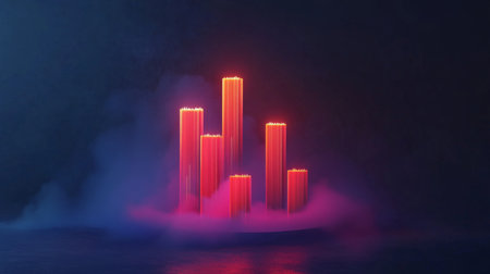 A D rendering of a financial graph with bars representing growth, illuminated against a dark backdrop, showcasing data analysis and financial success.の素材