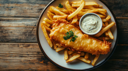 A plate of fish and chips with a perfectly fried fish steak, crispy fries, and tartar sauce, set against a rustic wooden table, capturing a classic comfort food scene.の素材