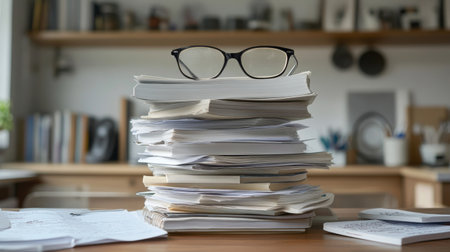 A stack of books and notes with a pair of glasses on a desk, representing overwhelming academic stress and the weight of information.の素材