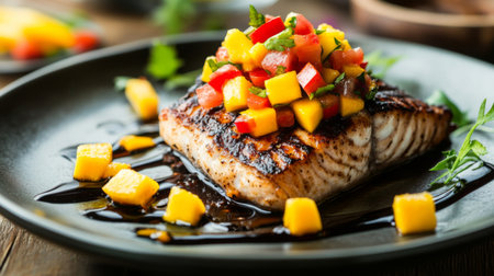 A gourmet fish steak topped with mango salsa, served on a stylish plate with a drizzle of balsamic reduction, capturing a contemporary dining experience.の素材