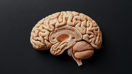 A close-up view of a human brain with labeled anatomical parts, placed on a sleek black background for a clean, educational representation of its features.の素材