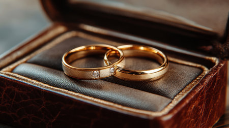 A pair of gold wedding rings resting on an open leather box, with rich textures and colors adding depth to the luxurious presentation.の素材