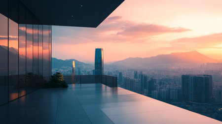 A minimalist balcony with a breathtaking city skyline view at dusk, showcasing a blend of modern architecture and natural beauty.の素材