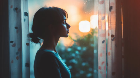 A person standing by a window, looking out with a stressed expression, surrounded by dim lighting and shadows, capturing the weight of anxiety.の素材