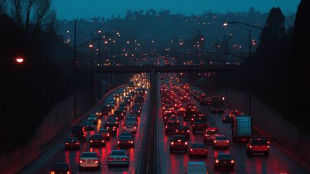 Busy freeway overpass with multiple lanes of traffic at a standstill, surrounded by city lights during the early evening.の素材