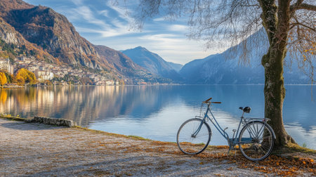 Bicycle parked beside a lake with mountains in the background, early morning light reflecting on the water, serene and adventurous atmosphere.の素材