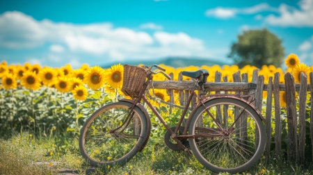 Bicycle leaning against a rustic wooden fence in a sunflower field, with bright flowers surrounding it under a clear blue sky.の素材