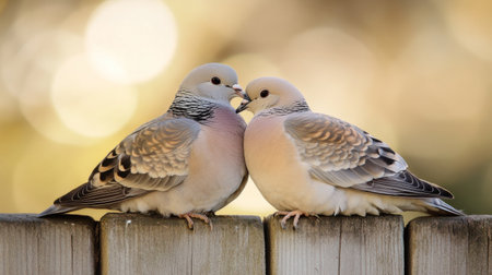 Close-up of two doves sitting side by side on a wooden fence, feathers soft and delicate, conveying warmth and companionship.の素材