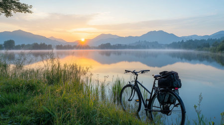 Bicycle parked beside a lake with mountains in the background, early morning light reflecting on the water, serene and adventurous atmosphere.の素材