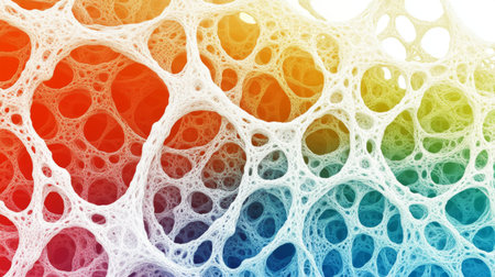 Intricate web of interconnected lines and shapes in a colorful gradient, creating a complex and visually engaging graphic design.の素材