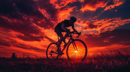 Silhouette of a cyclist riding a bike against a vibrant sunset, with long shadows stretching across the ground, capturing the essence of freedom and adventure.の素材
