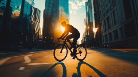 Silhouetted cyclist riding through a cityscape at dusk, with the skyline in the background and shadows creating a dramatic effect on the street.の素材