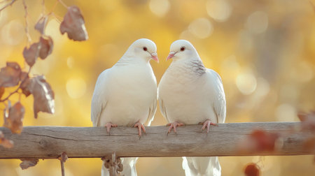 Close-up of two doves sitting side by side on a wooden fence, feathers soft and delicate, conveying warmth and companionship.の素材