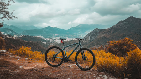 Bicycle resting by a scenic overlook on a mountain trail, with expansive views of valleys and distant peaks, capturing a sense of adventure.の素材