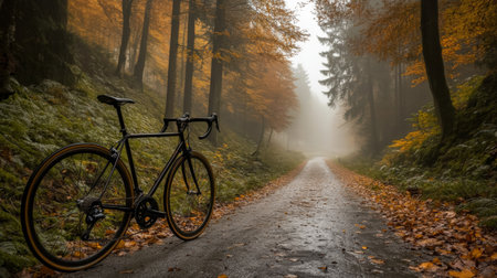 Road bike on a foggy morning trail with forest trees rising from the mist, creating a mystical and serene cycling setting.の素材