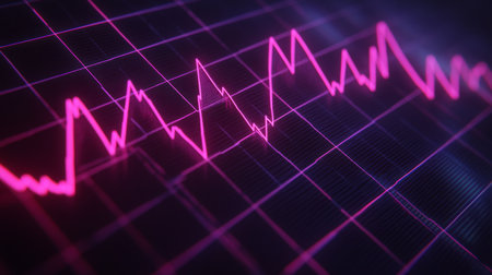 Line graph with peaks and troughs, showing fluctuating data, on a dark grid with glowing neon lines for a tech-inspired look.の素材
