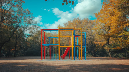 Jungle gym with monkey bars, climbing ropes, and a slide in a park, vibrant colors set against trees and a blue sky.の素材