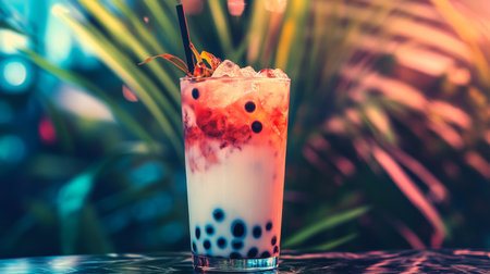 Tall glass of iced milk tea filled with boba and ice, with a background of blurred tropical plants, creating a fresh and exotic vibe.の素材