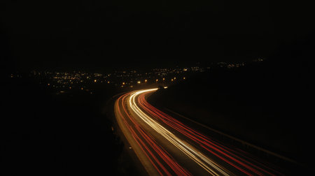 A scenic view of a bustling highway at night, with streams of car lights creating vibrant trails against the dark backdrop of a city skyline, showcasing urban transportationの素材