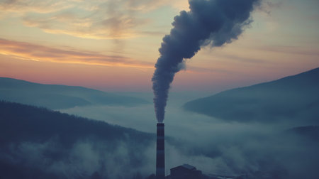 A swirling plume of smoke coming from a chimney in a rural setting, merging with a foggy morning sky in an isolated, peaceful landscapeの素材