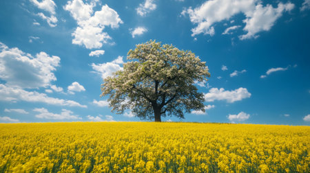 Old Linden Tree in Fields of Rapeseed and Wheat, Spring Landscape under Blue Sky with - characters and ending withの素材