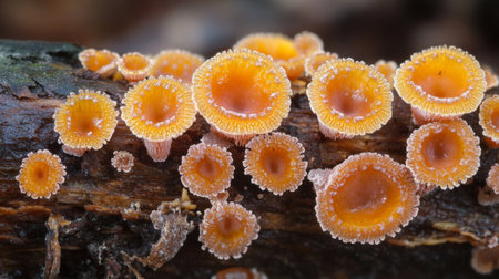 Mushroom Hypholoma in close view growing on decaying wood with - characters and ending withの素材