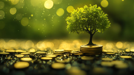 Create  prompts for stock photos related to Tree growing on coin of stacking gold coins with green bokeh background with - characters and ending withの素材