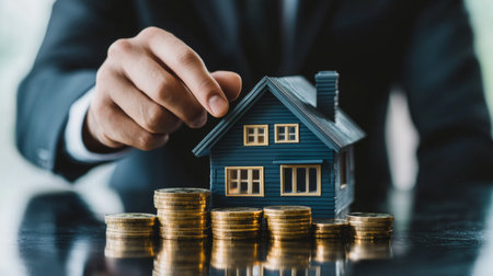 Create  prompts for stock photos related to Male businessman hand holding a house to manage money and savings plan to buy the best home with - characters and ending withの素材