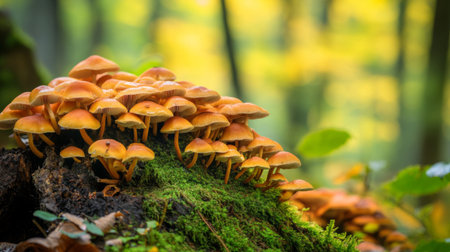 Create  prompts for stock photos related to Mushrooms growing on a tree trunk in the forest with - characters and ending withの素材