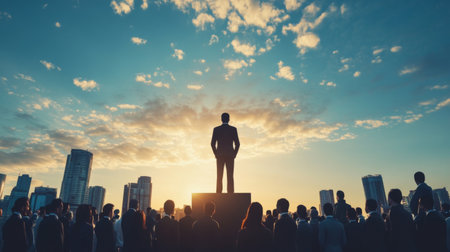 Create  prompts for stock photos related to Create  prompts for stock photos related to Business people standing on the podium. concept of victory and loss with - characters and ending withの素材