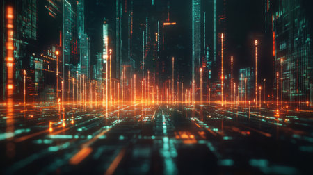 A futuristic digital financial graph with glowing lines and markers, illustrating the movement of stocks and market performance against a dark backdrop.の素材