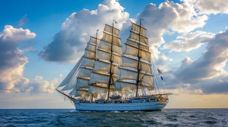 A large ship with billowing sails navigating through turbulent waters, set against a dramatic sky filled with clouds, symbolizing the power of the sea.の素材