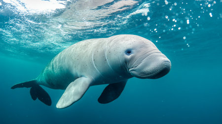 A playful dugong swimming close to the surface, with its flippers extended and bubbles rising around it, capturing the joy and liveliness of marine life.の素材