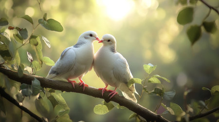 Pair of doves perched closely on a tree branch, surrounded by green leaves, capturing a serene and romantic atmosphere in nature.の素材