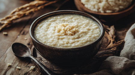 An artistic shot of rice porridge swirling in a bowl, with a spoon resting beside it, capturing the texture and creamy consistency of this beloved dish.の素材