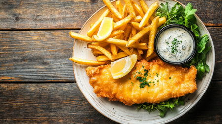 A plate of fish and chips with a perfectly fried fish steak, crispy fries, and tartar sauce, set against a rustic wooden table, capturing a classic comfort food scene.の素材