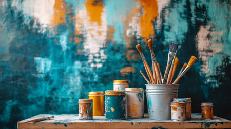 A creative workspace with paint cans, brushes, and a freshly painted wall in a bold color, illustrating the excitement of home improvement projects.の素材