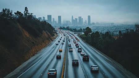 Aerial view of a busy highway with cars lined up bumper to bumper, surrounded by city buildings under an overcast sky, capturing heavy traffic congestion.の素材