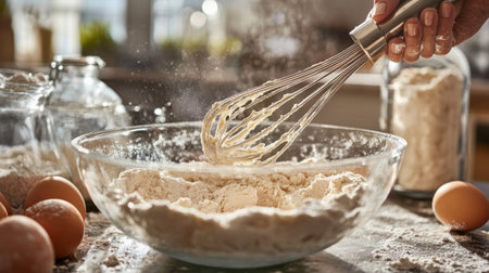 A close-up of a whisk mixing ingredients in a glass bowl, with flour and eggs scattered around, illustrating the hands-on process of baking.の素材