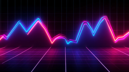 Line graph with peaks and troughs, showing fluctuating data, on a dark grid with glowing neon lines for a tech-inspired look.の素材