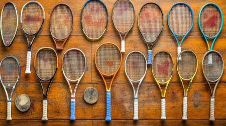 A collection of various tennis rackets arranged neatly on a wooden table, showcasing their different designs, colors, and string patterns for an artistic display.の素材
