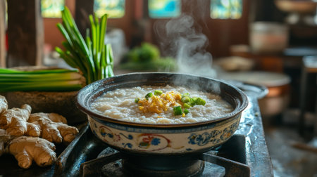 A rustic kitchen scene with a pot of simmering rice porridge on the stove, surrounded by fresh ingredients like ginger and green onions, highlighting the cooking process.の素材