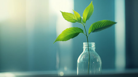 A close-up of a lush green plant growing in a recycled glass bottle, symbolizing eco-friendly practices and the importance of reducing waste for the environment.の素材