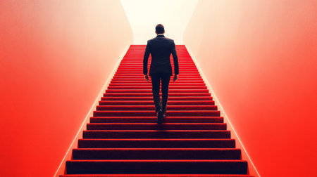 A businessman climbing a long red carpeted staircase, representing leadership and ambition.の素材