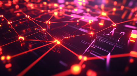 A D render of a blockchain network with interconnected nodes and digital data flowing across the system.の素材