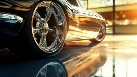 A close-up of a sleek, modern car wheel with a shiny alloy rim, reflecting sunlight on a clean, glossy surface.の素材